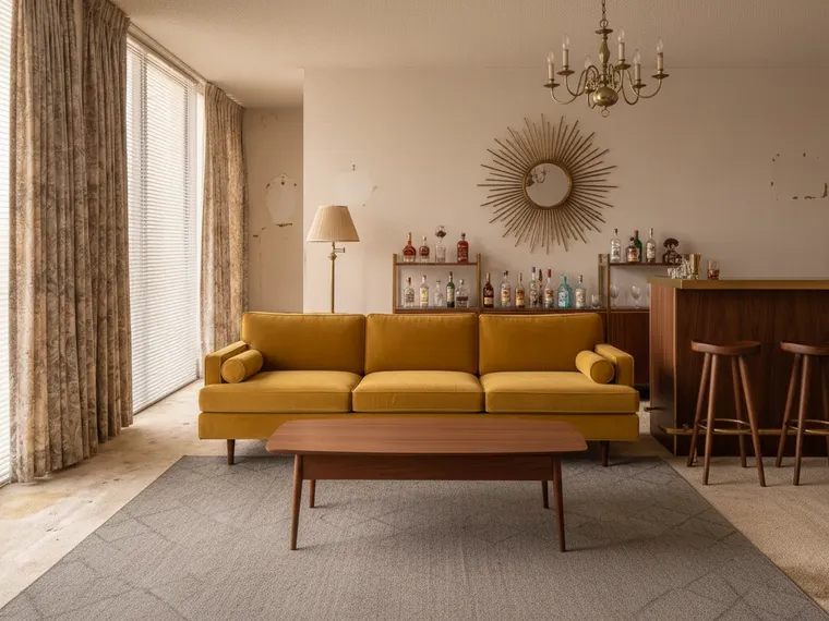 Mid-century home bar idea: walnut bar cabinet with open shelves of bottles, walnut stools, a mustard velvet sofa, a sunburst mirror and slim white blinds