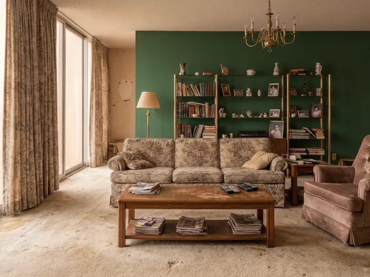 Accent wall before and after: back wall of a 1980s living room painted forest green with the original floral sofa and brass shelves kept