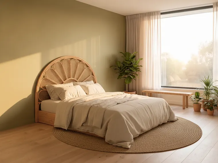 Olive green bedroom idea: olive walls, rattan headboard, oatmeal linen bedding, jute rug and plants