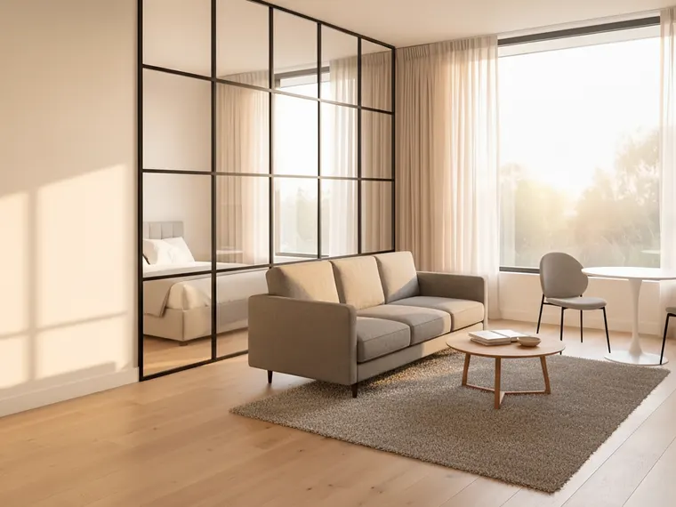 Studio apartment layout idea: black steel-framed glass partition separating a bed by the window from a living zone with a grey sofa, coffee table, rug and a small dining table for two