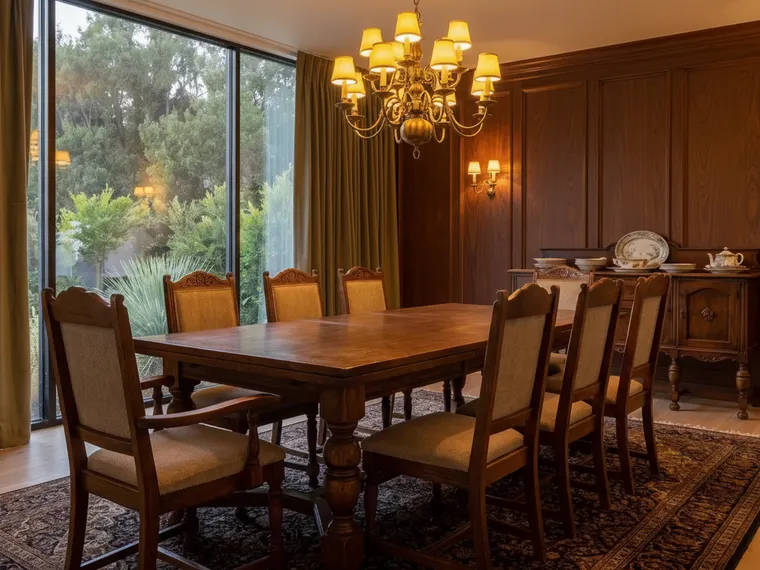 Dark wood wall paneling idea: full-height walnut raised-panel walls in a traditional dining room