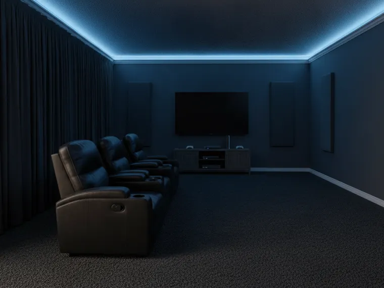 Home theater game room idea: a large wall-mounted screen, two rows of black leather recliners, dark walls and a blue LED cove in the ceiling