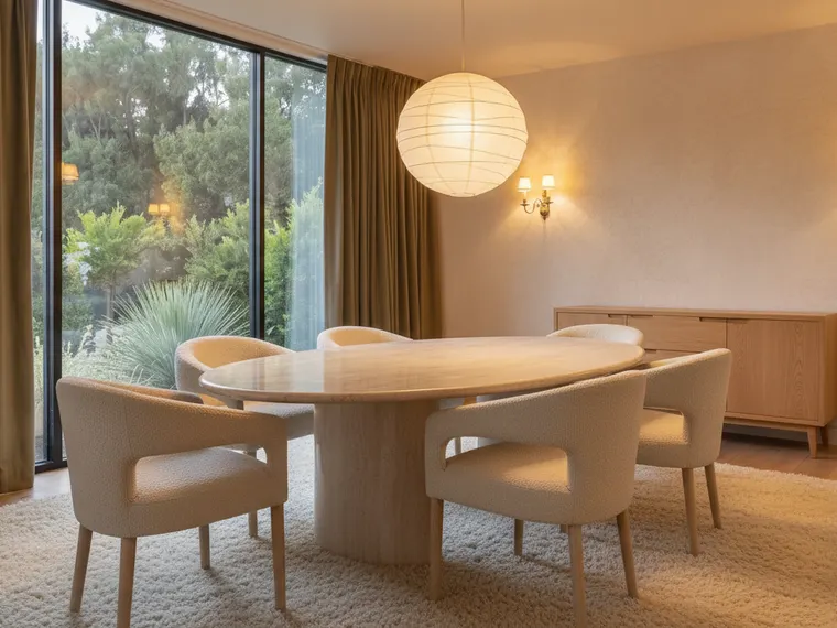 Organic modern dining room idea: round travertine table, curved cream boucle chairs, paper globe pendant and oak sideboard