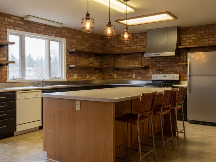 Industrial kitchen idea: exposed brick walls, black lower cabinets, stainless steel counters, open black pipe shelving and caged Edison pendants
