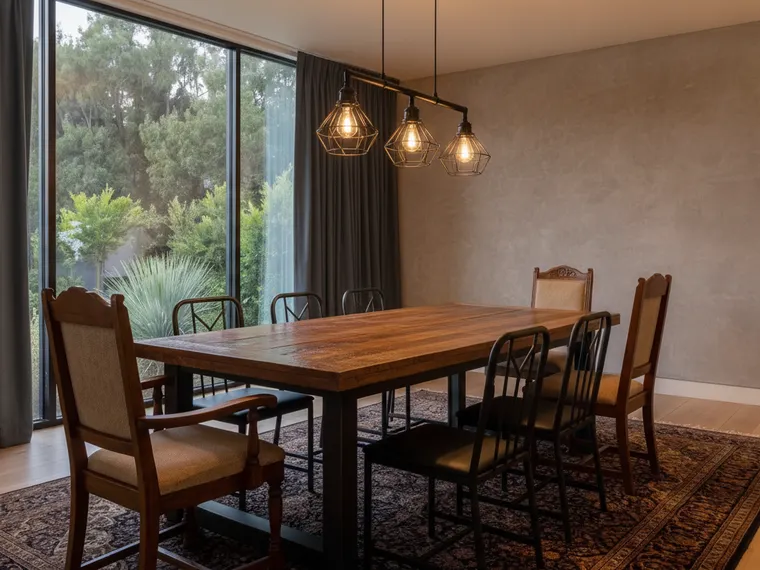Dining room idea: industrial dining room with a heavy timber table and black metal