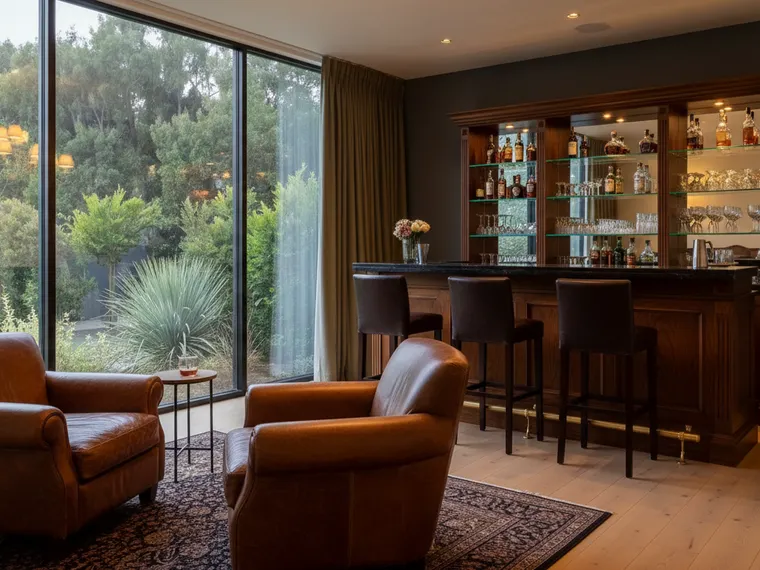 Home bar design idea: dark wood bar with a stone top and leather stools, lit back bar of bottles, charcoal walls and two leather club chairs by a floor-to-ceiling glass wall
