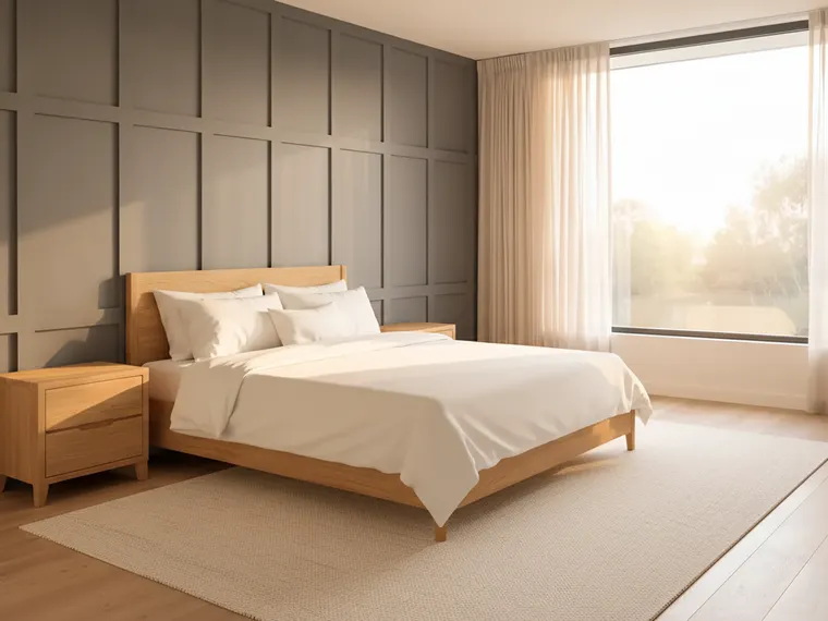 Bedroom accent wall paneling idea: charcoal grey square grid panels behind a light oak bed