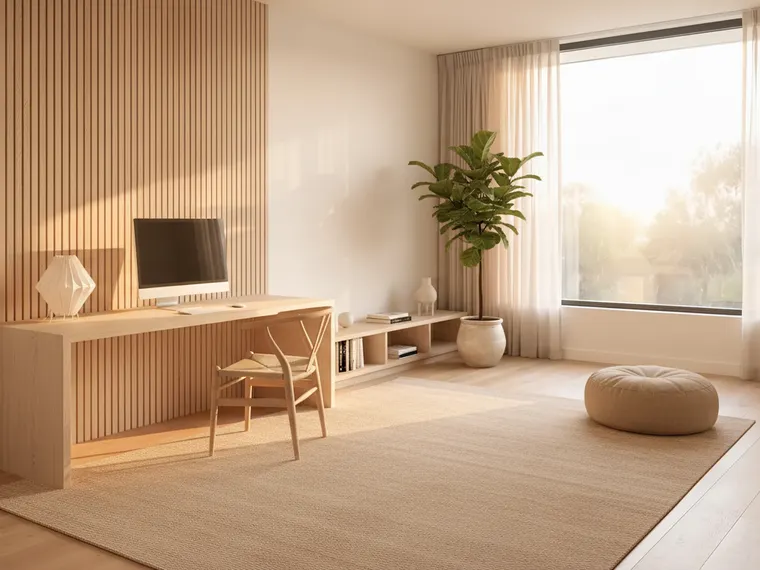 Japandi home office idea: wide white oak desk under a vertical oak slat panel, a light oak chair with a woven seat and a tall potted plant