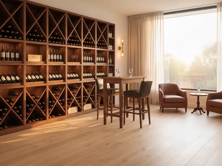 Wine bar idea for a spare room: floor-to-ceiling dark wood wine racks, a small high tasting table with two stools, two leather armchairs and a round side table by the window