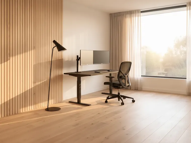 Modern home office for video calls: sit-stand desk facing the window with two monitors, mesh ergonomic chair, oak slat acoustic panelling on the wall and a floor lamp