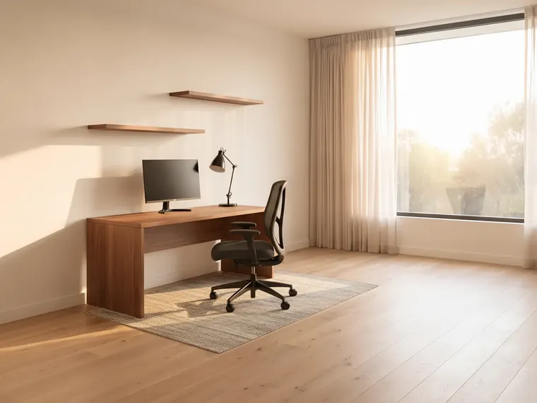 Small office design idea: walnut desk against the wall with a monitor and task lamp, two floating shelves above, ergonomic chair and small rug