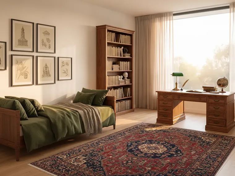 Dark academia dorm room design: bed with dark green bedding, vintage wooden desk with green banker lamp, tall bookshelf, vintage rug and framed sketches