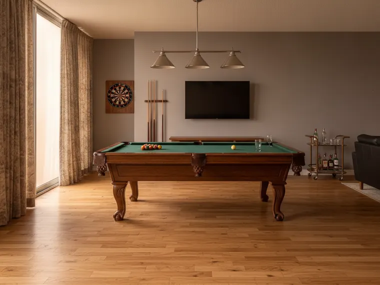 Game room idea: a green-felt pool table under three pendant lights, a dart board, a wall-mounted TV and a bar cart in a former 1980s living room