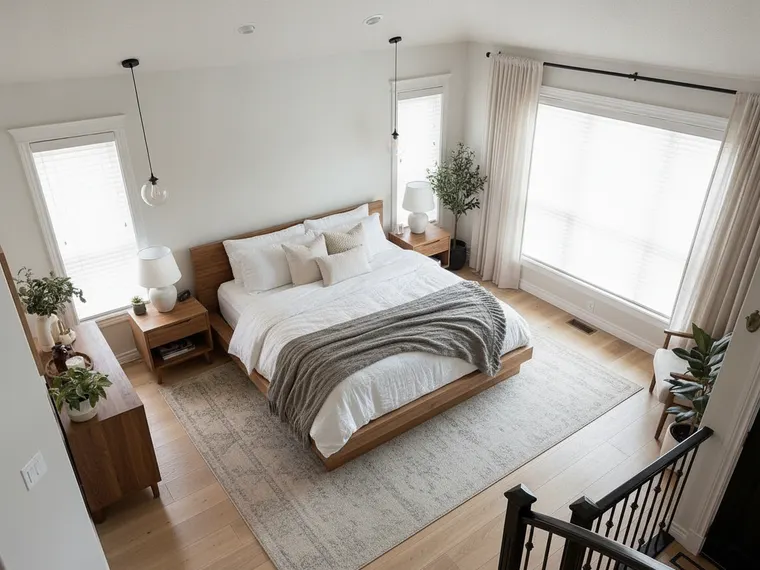 Bedroom idea: Scandinavian bedroom in pale wood and off-white