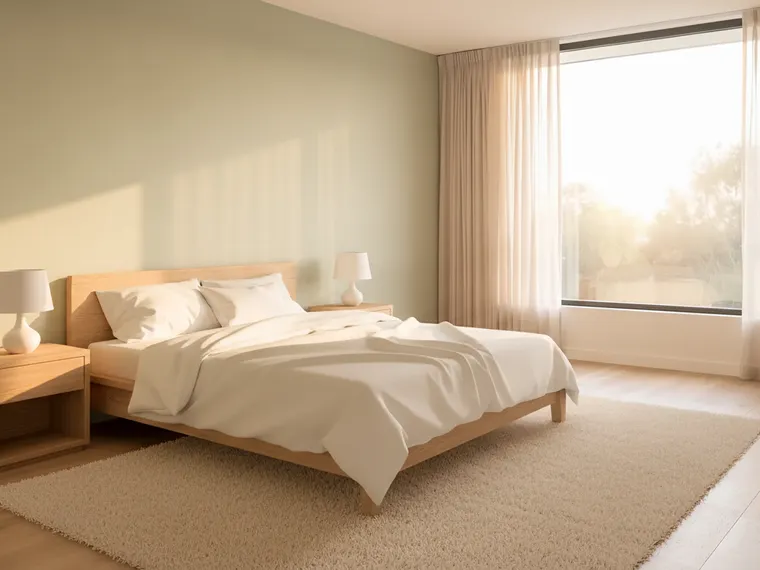 Sage green bedroom idea: soft sage walls, light oak bed, white linen bedding and a cream rug