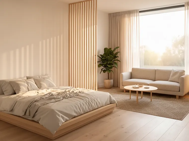 Japandi studio apartment layout: low oak platform bed with linen bedding, a slatted oak screen dividing it from a low oatmeal sofa and round oak coffee table by the window, a paper floor lamp, a woven rug and a large plant