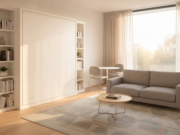 Studio apartment idea with a Murphy bed: white wall-bed cabinet folded up with bookshelves either side, a grey sofa and round coffee table facing the window, a small round dining table with two chairs and a rug
