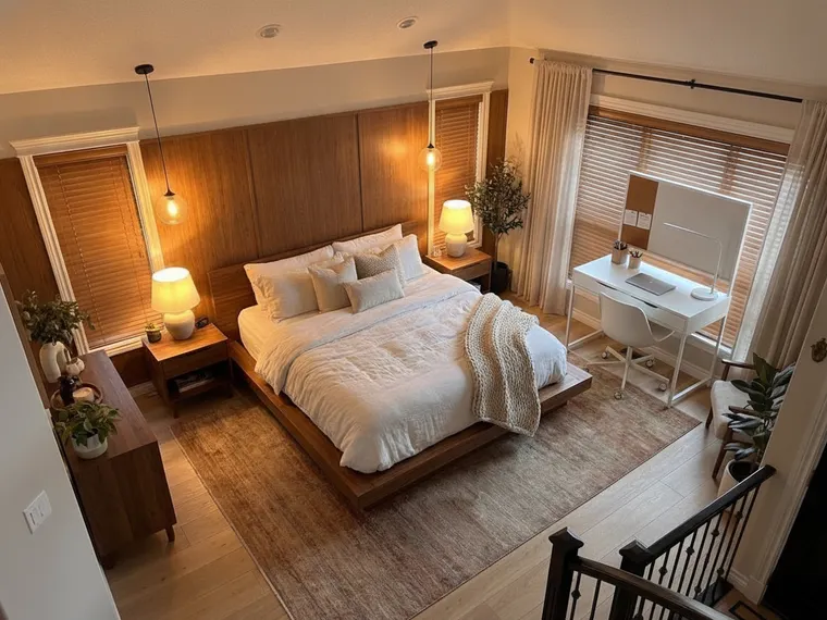 Student bedroom idea: small white study desk, chair, task lamp and corkboard added in the corner by the window of a real bedroom, bed and lamps kept