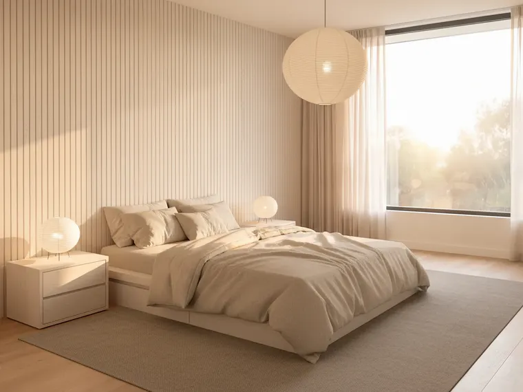 Japandi bedroom idea: low white oak platform bed with a slatted headboard, oatmeal linen bedding and a paper lantern pendant