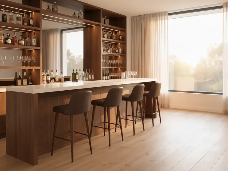 Home bar idea: walnut bar counter with a white quartz top, leather stools and a mirrored back bar with lit shelves of bottles