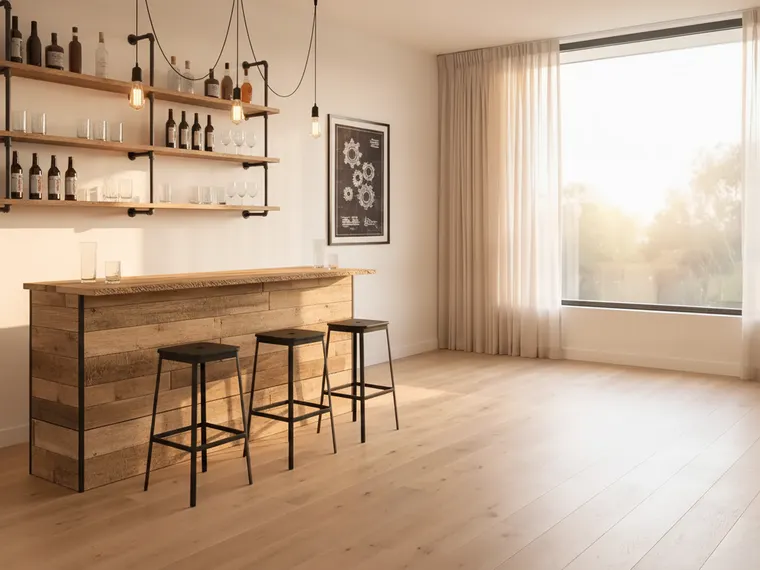 Industrial home bar idea: reclaimed wood bar counter on a black steel frame, three black metal stools, black pipe shelves with bottles and glassware, and Edison bulb pendants