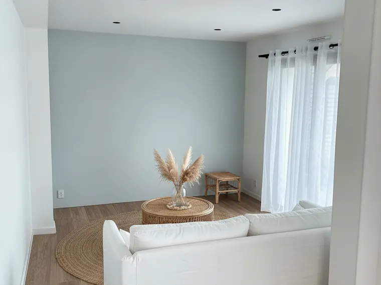 Living room idea: light coastal with a slipcovered sofa, rattan and a jute rug