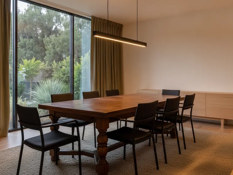 Modern dining room idea that keeps an antique table: black modern chairs, a linear pendant and an oak sideboard around a traditional carved oak table