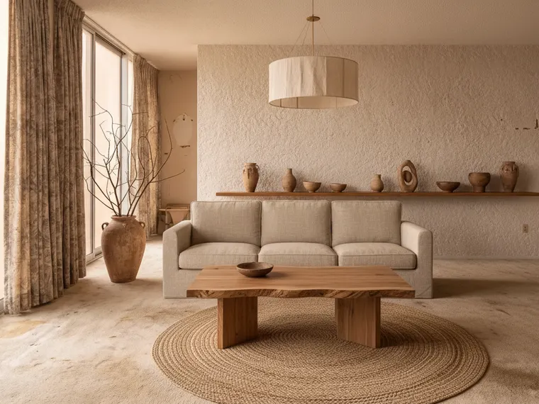 Japandi wabi-sabi living room idea: rough plaster walls, a natural linen sofa, a live-edge oak coffee table and a shelf of handmade stoneware