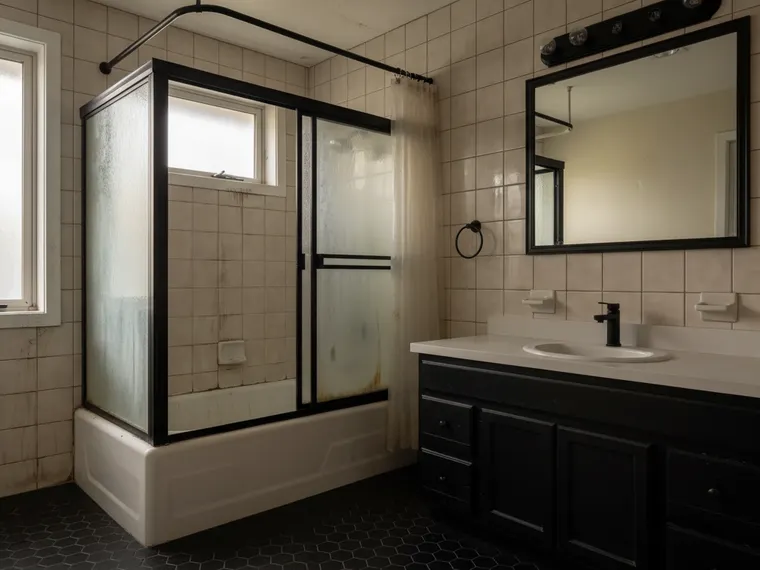 Black and white bathroom idea: black hexagon tile floor with white subway tile walls and black fixtures