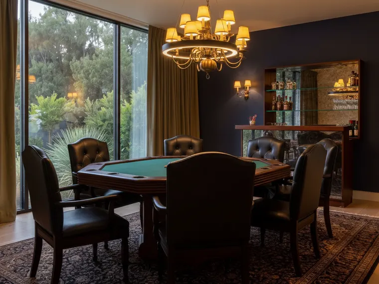 Poker lounge idea: an octagonal green-felt poker table with black leather chairs, a mirrored bar, navy walls and charcoal curtains in a former dining room