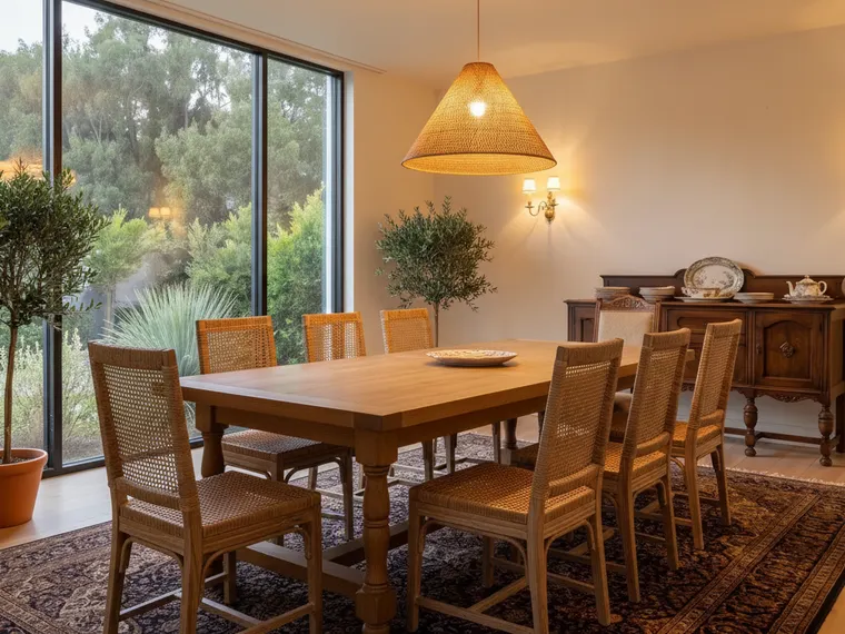 Sunroom dining idea: light oak table with rattan chairs, a rattan pendant and olive trees against a bare glass wall