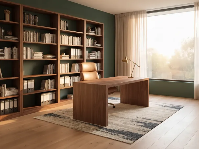 Office design idea: deep green painted walls, large walnut desk facing the window, tan leather chair, brass desk lamp, dark wood bookshelves and a patterned rug