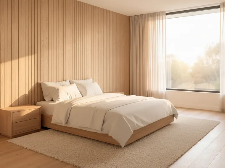 Bedroom wall paneling idea: floor-to-ceiling oak wood slat wall behind a low oak bed
