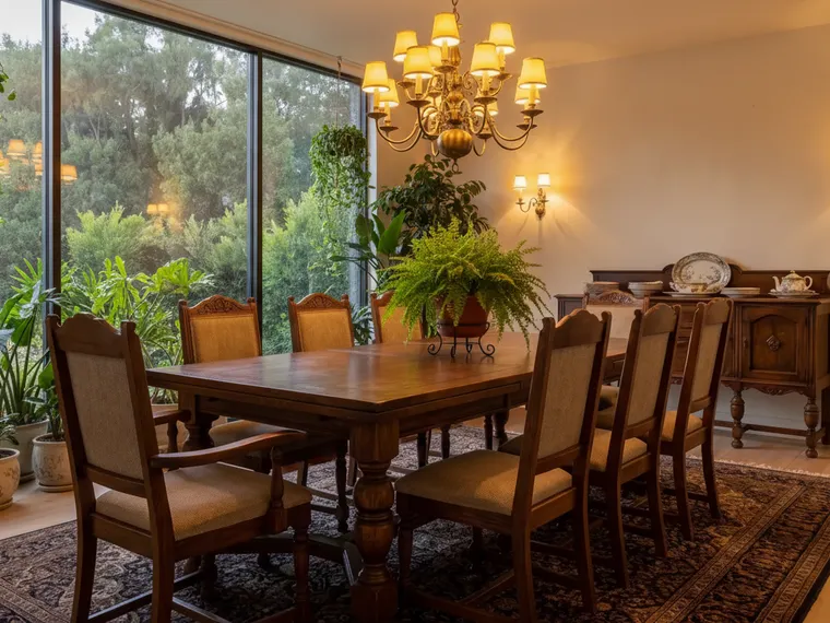 Cheapest sunroom idea: the same dining room with the curtains removed and tall plants and ferns along the glass wall