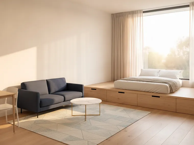 Studio layout idea: a raised oak platform along the window wall holding a low bed with drawers built into the step, and a living area below with a navy sofa, coffee table, rug and a small dining table
