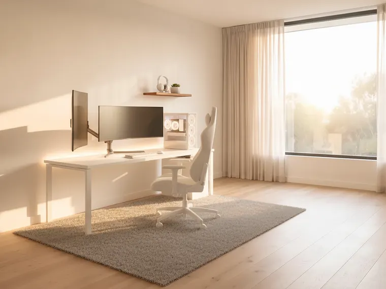 Gaming room idea: white desk with an ultrawide monitor on an arm, a white chair, a walnut shelf and warm white lighting