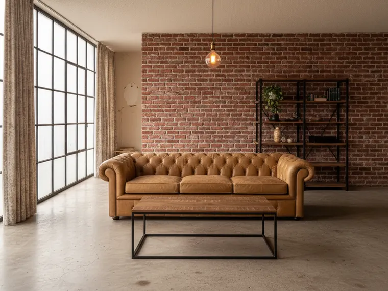 Industrial living room idea on a dated room: exposed brick wall, black steel window frames, concrete floor, tan leather chesterfield, steel shelving