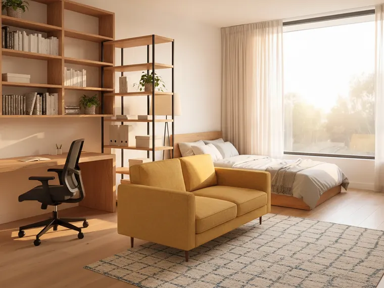 Studio apartment layout for working from home: a wall of oak shelves and a long oak desk with an office chair, a tall open shelving unit dividing it from a double bed by the window, a mustard two-seat sofa and a patterned rug