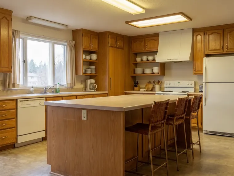 Corner cabinet idea: upper corner cabinets replaced with thick floating oak shelves that wrap around the corner, holding white dishes