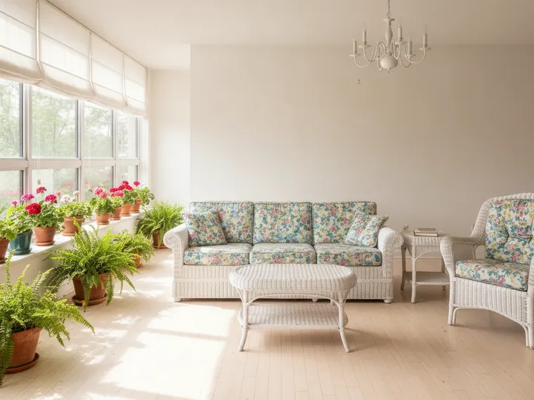 Cottage sunroom idea: white wicker sofa with floral cushions, roman blinds, geraniums and ferns along the windows