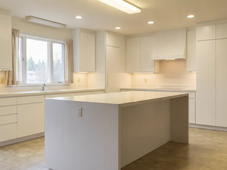 Modern kitchen idea: handleless matte white flat-panel cabinets with a white quartz waterfall island in a former honey-oak kitchen