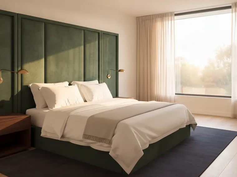 Bedroom idea: deep green velvet headboard with brass swing-arm lights