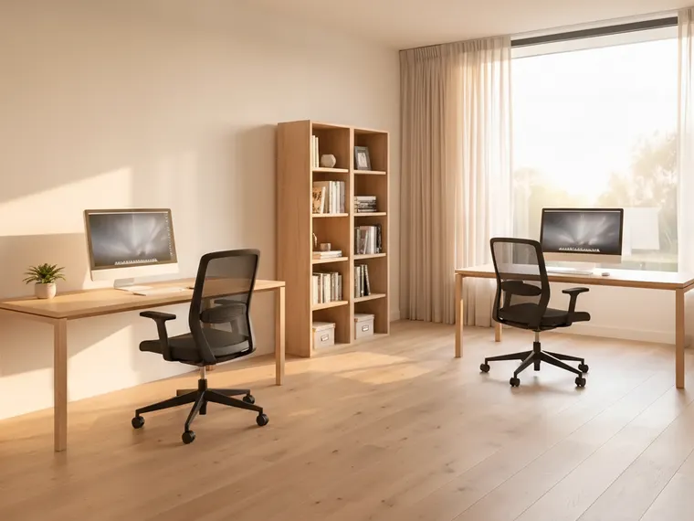 Home office for two: two matching oak desks, one on the wall and one under the window, each with a monitor and ergonomic chair, and a shared bookshelf