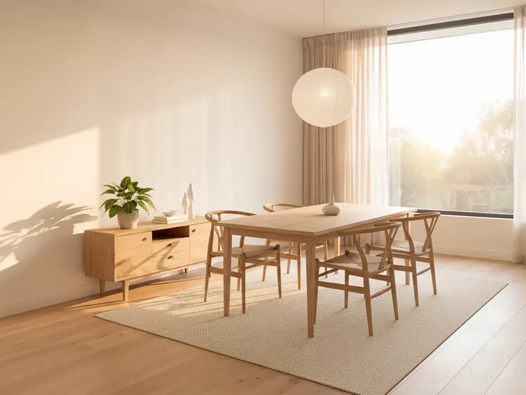 Scandinavian modern dining room idea: light ash table, natural wood wishbone chairs, white paper pendant, small oak sideboard and cream rug