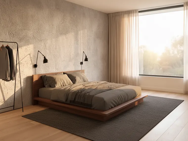 Modern industrial bedroom idea: concrete-effect plaster walls, low walnut platform bed with charcoal linen, black wall-mounted reading lights, black clothes rail