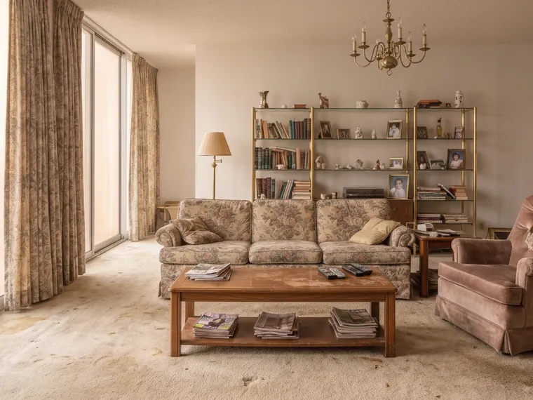 Living room paint colours before and after: 1980s living room walls repainted warm white with the original floral sofa and brass shelves kept