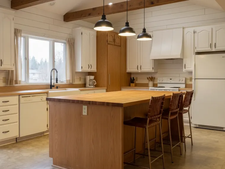 Barndominium kitchen idea: white shiplap, exposed wood beams, white shaker cabinets, butcher block island and black pendants