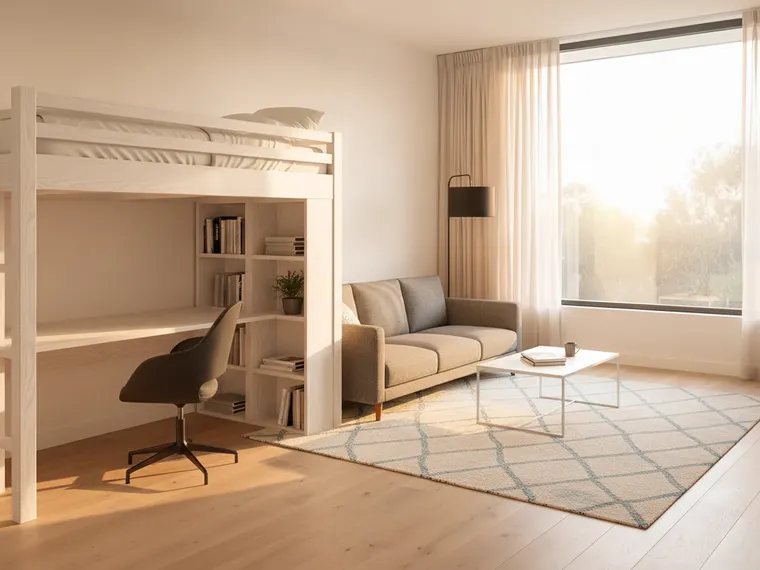 Small studio apartment layout idea: white oak loft bed with a desk, office chair and bookshelves tucked underneath, a grey sofa and coffee table by the window on a patterned rug