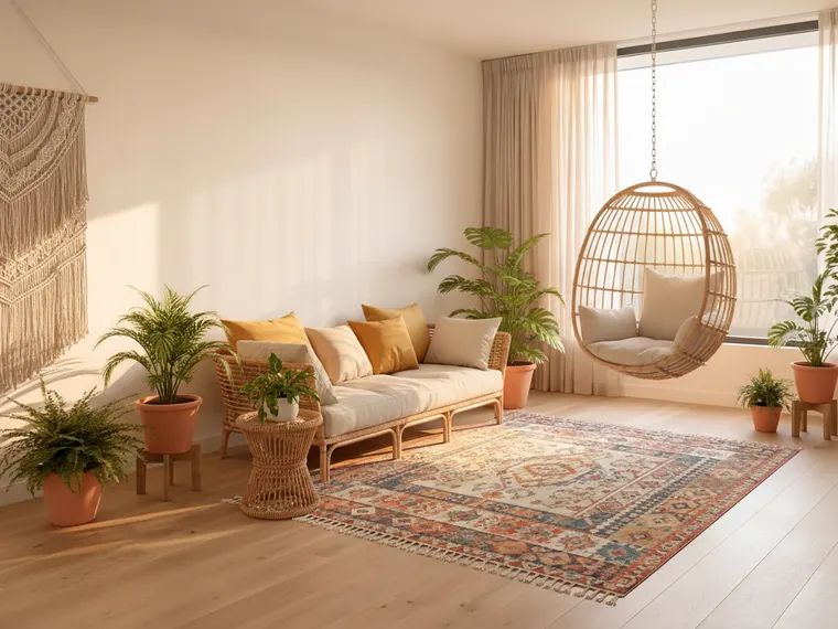Boho sunroom idea: hanging rattan egg chair by the window, rattan sofa with mustard cushions, kilim rug, macrame and plants
