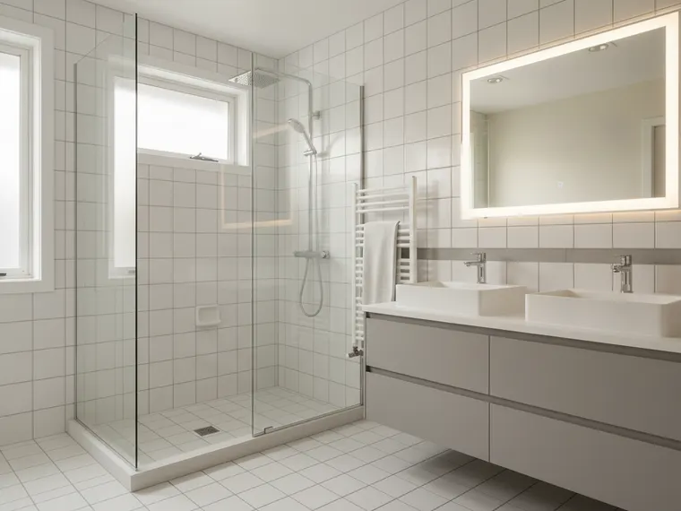 Hotel-style master bathroom idea: white tile with a slim grey border, long grey floating vanity with two vessel sinks, a wide lit mirror, frameless glass rain shower and a white heated towel rail
